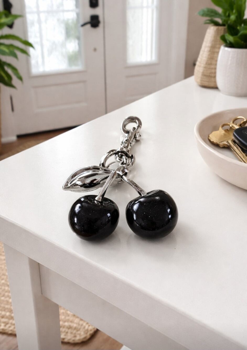 Silver Black Cherry Bag Charm Key Chain New
